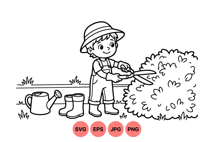 Vector Illustration Of Boy Gardening Outdoors Svg