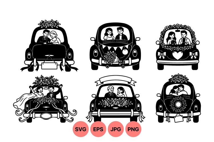 Vintage Wedding Car Clipart With Bride And Groom