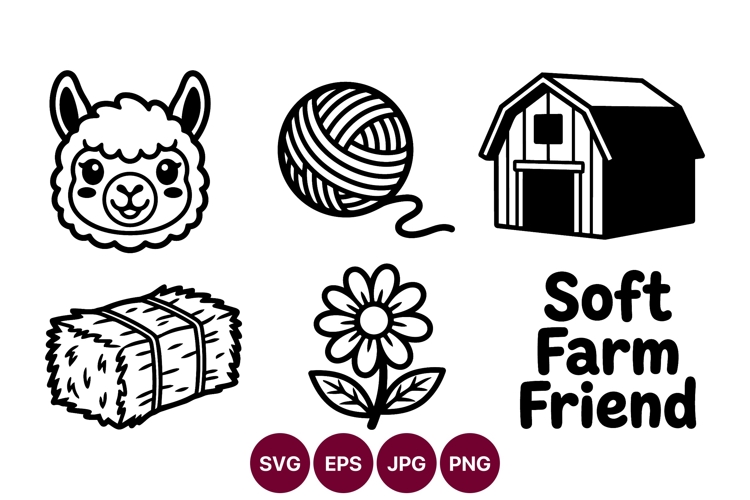 Line art farm animals and objects vector with llama yarn