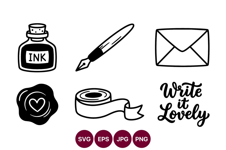 Line art ink with nib envelope wax seal ribbon and write