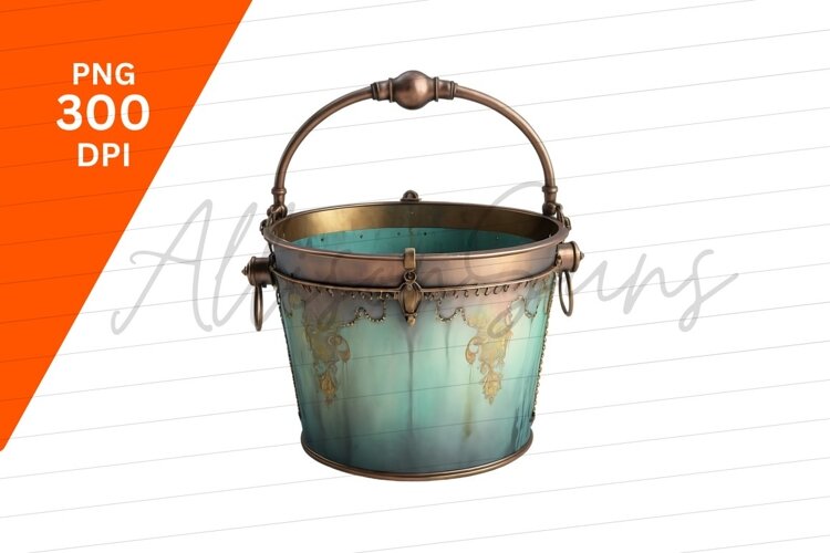 Ornate Metallic Bucket With Handle Isolated example image 1