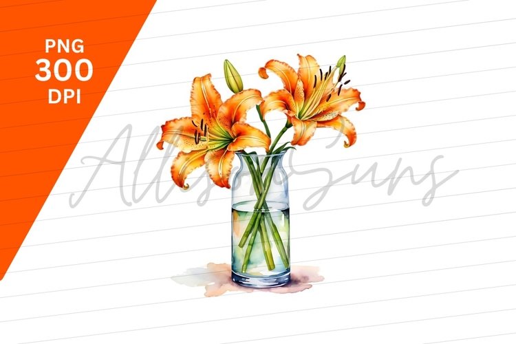 Orange Lilies In Glass Vase Watercolor Style