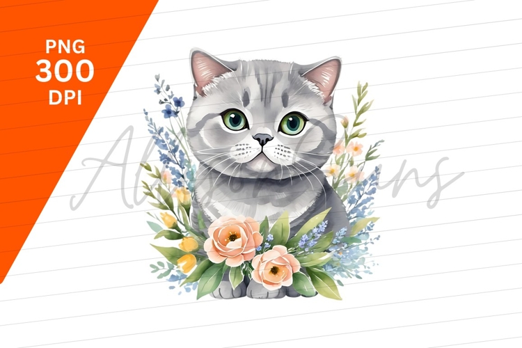 Cute Grey Cat With Floral Watercolor Wreath