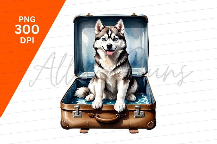 Husky Dog In Vintage Suitcase Clipart Png