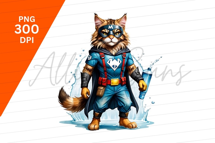 Heroic Cartoon Cat Character With Water Bottle PNG