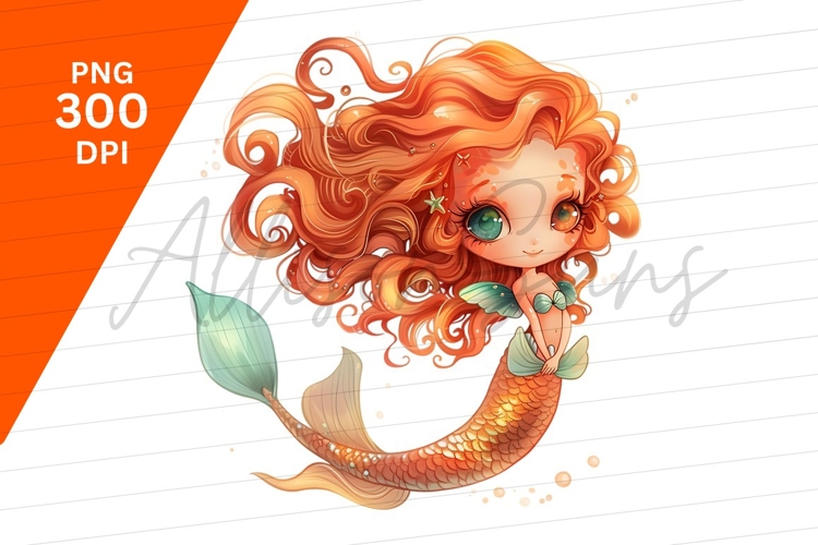 Cute Chibi Mermaid With Orange Hair Clipart Png