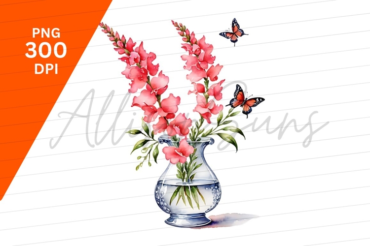 Watercolor Pink Flowers In Vase With Butterflies Clipart Png