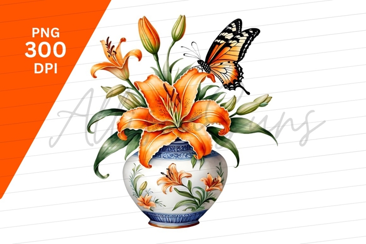 Orange Lilies In Vase With Butterfly Clipart Png