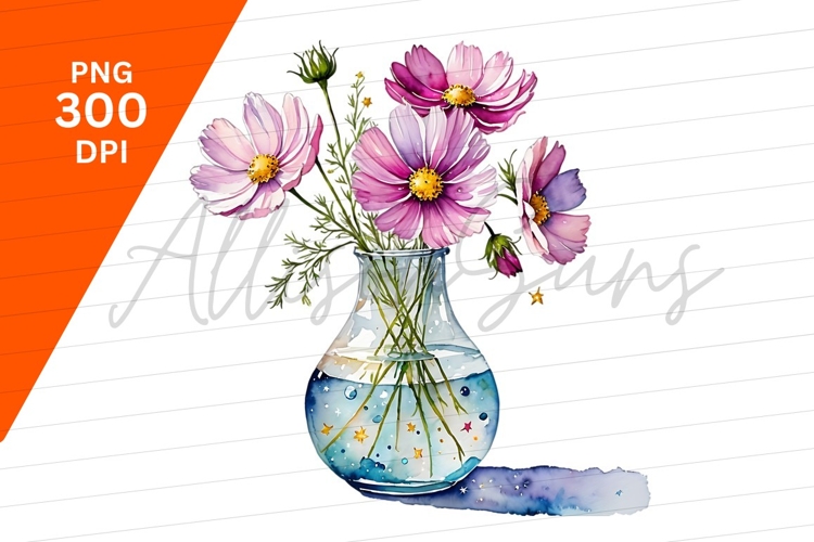 Watercolor Cosmos Flowers In Glass Vase Clipart