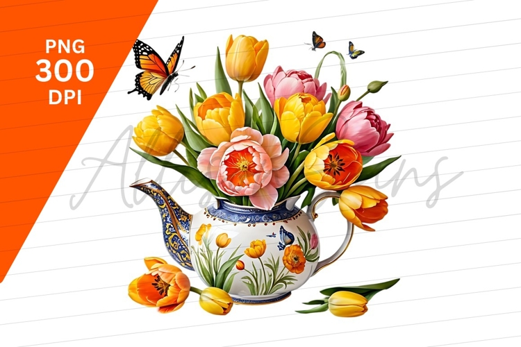 Tulips In Teapot With Butterflies Clipart Png