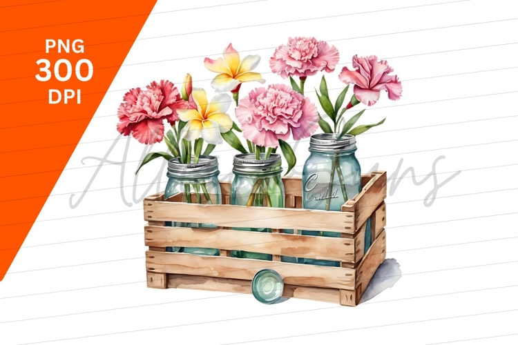 Flowers In Jars With Wooden Crate Clipart Png