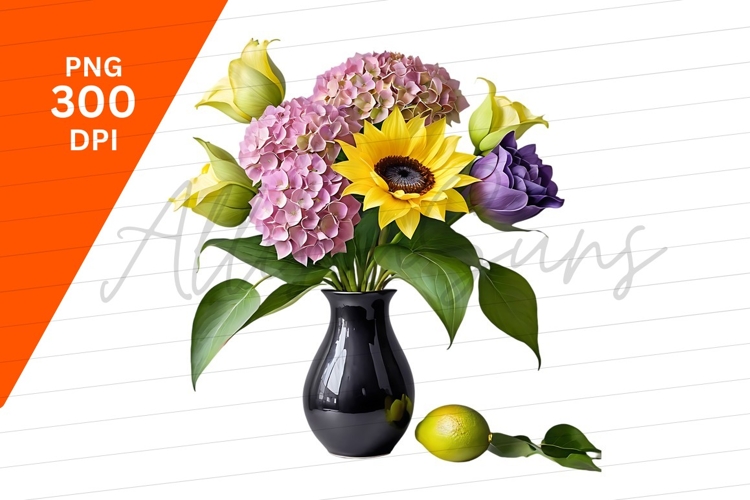 Colorful Flowers Bouquet Black Vase Clipart Png