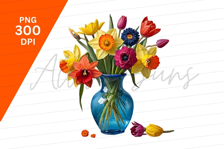 Vibrant Spring Flowers In A Blue Vase Clipart