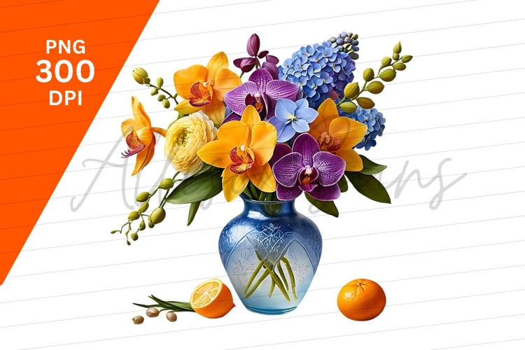 Colorful Flowers In Vase With Citrus Fruits