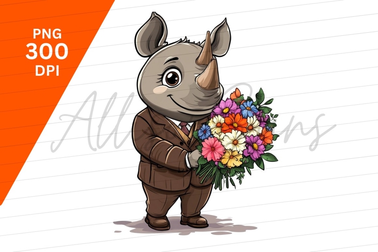 Rhino Cartoon Character Holding Colorful Flower Bouquet