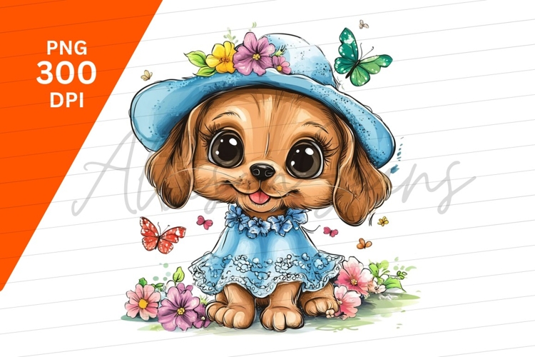 Cute Puppy In Hat And Dress Clipart