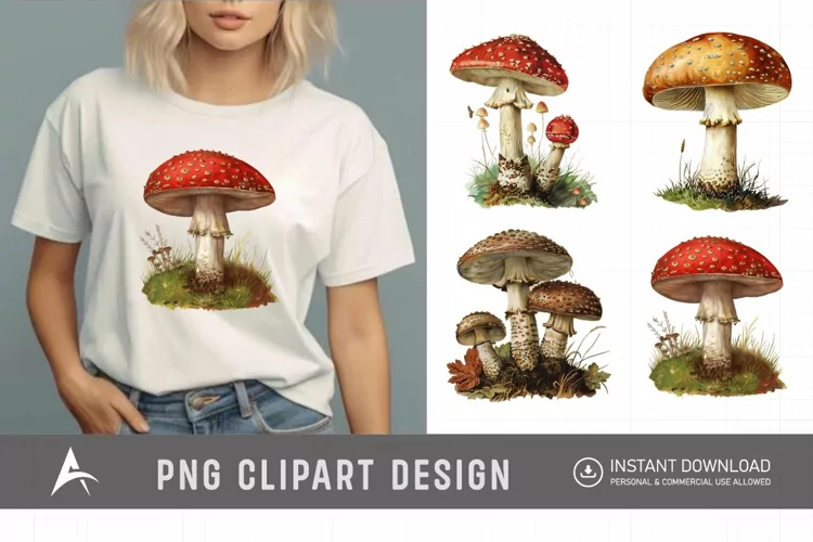 Watercolor Vintage Mushroom Sublimation Clipart