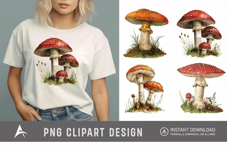 Watercolor Vintage Mushroom Sublimation Clipart