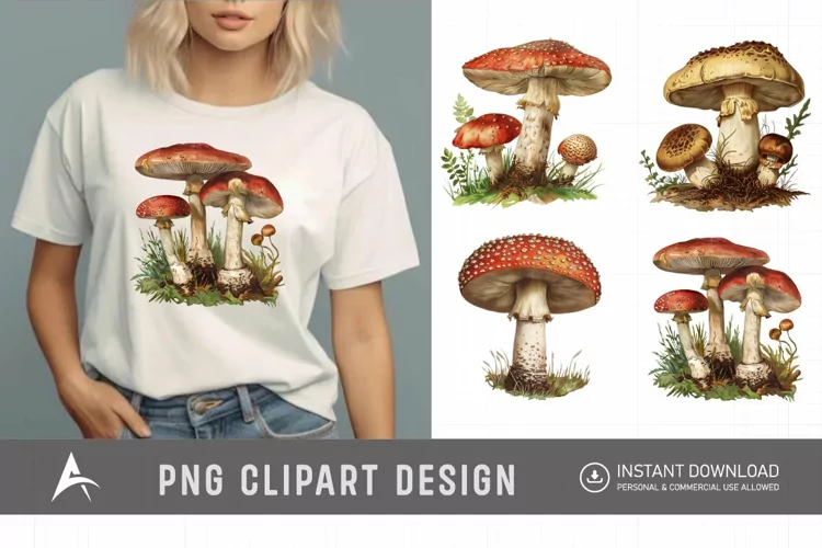 Watercolor Vintage Mushroom Sublimation Clipart
