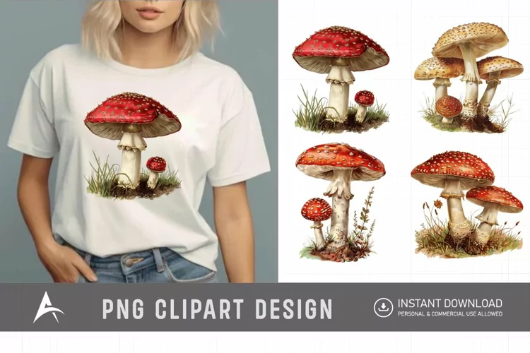 Watercolor Vintage Mushroom Sublimation Clipart