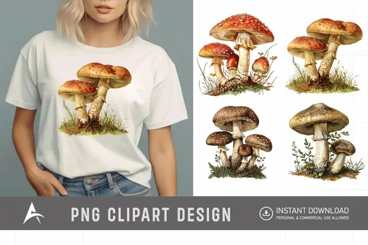 Watercolor Vintage Mushroom Sublimation Clipart