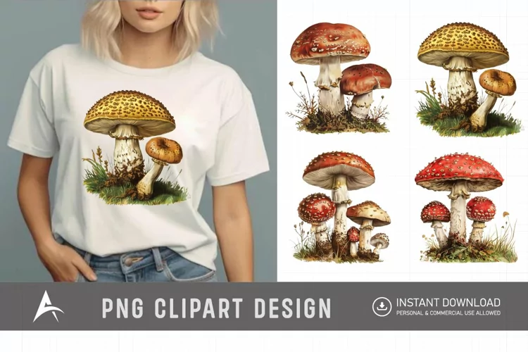 Watercolor Vintage Mushroom Sublimation Clipart