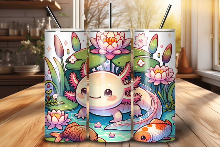 Cute Kawaii Axolotl Koi Fish 20 oz Skinny Tumbler Wrap PNG