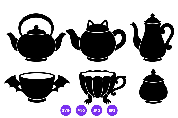 Silhouette six black teapots and cups vector