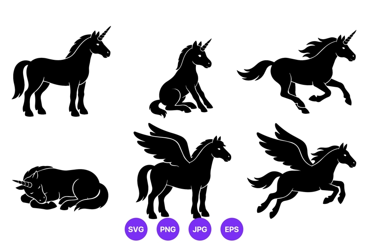 Black Unicorn and Pegasus Silhouettes Vector Art