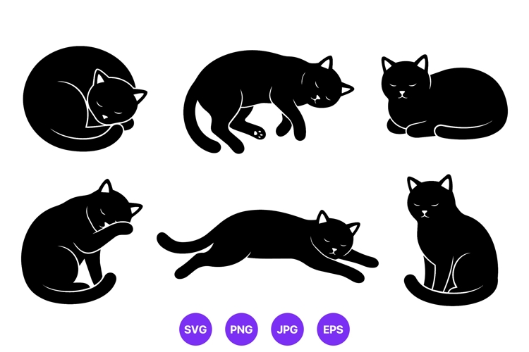 Black Cat Sleeping and Sitting Vector Silhouettes