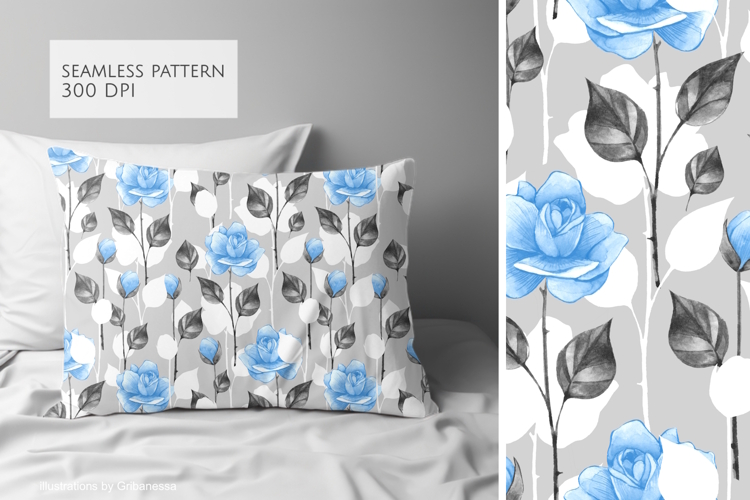 Azure Blue Roses Watercolor Seamless Pattern