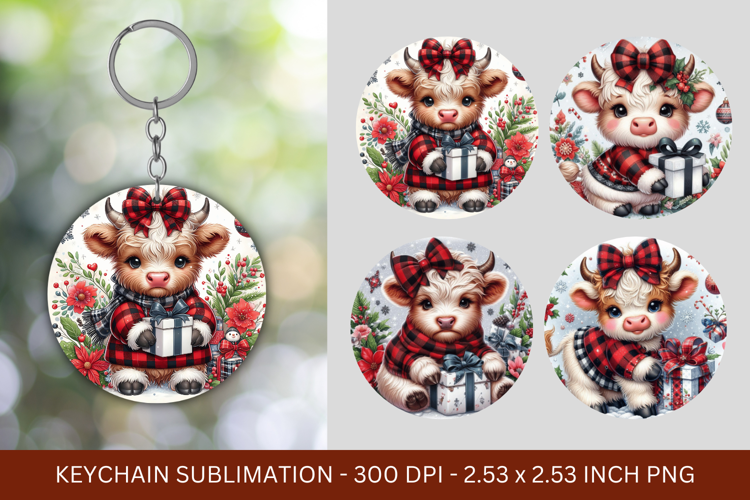 keychain sublimation - christmas plaid baby highland cow