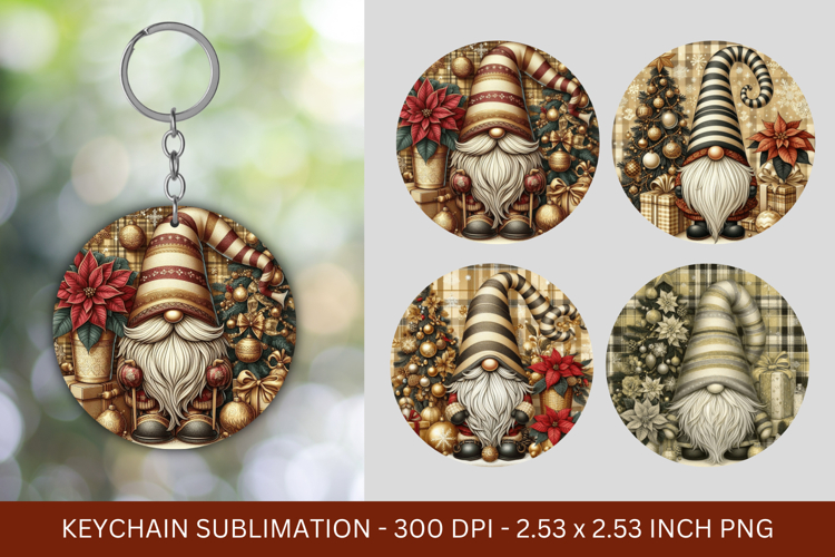 keychain sublimation - gold christmas santa claus gnome