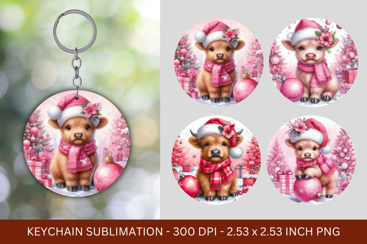 keychain sublimation - pink christmas baby highland cow