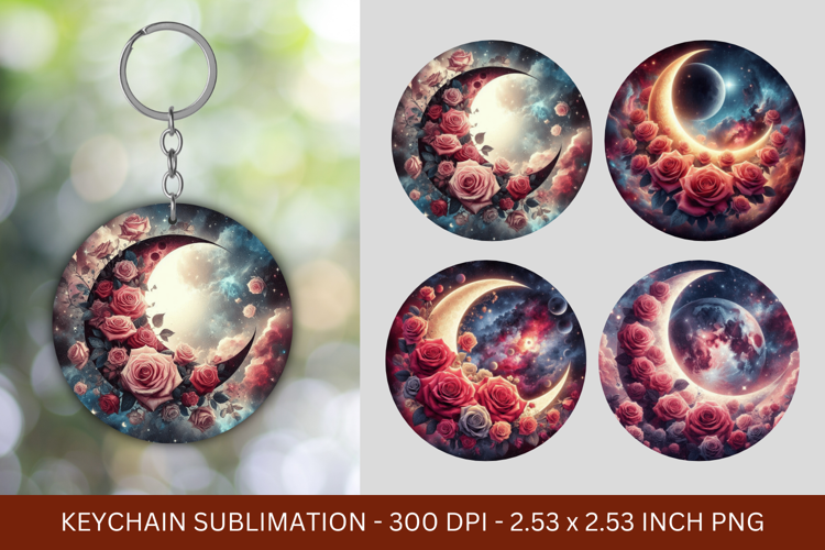 keychain sublimation - floral cosmic crescent moon flowers