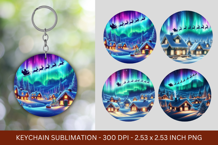 keychain sublimation - santa claus reindeers aurora