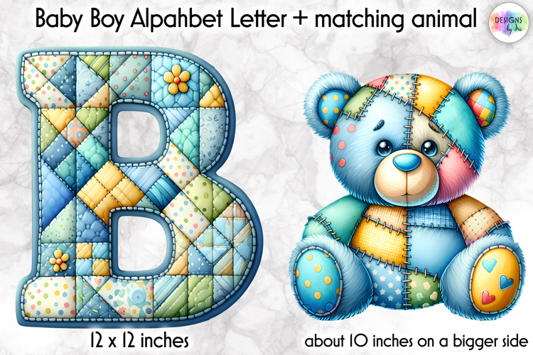 Cute Patchwork Baby Alphabet and Baby Animals PNG, Monogram