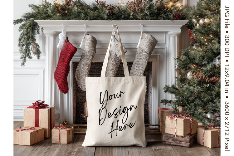 Christmas Tote Bag Mockup Shopping Bag Natural Blank_19