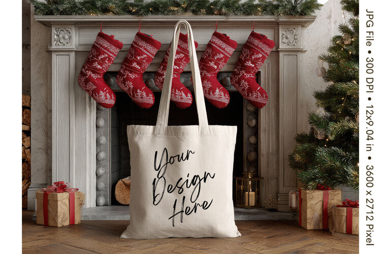 Christmas Tote Bag Mockup Shopping Bag Natural Blank_21 example image 1