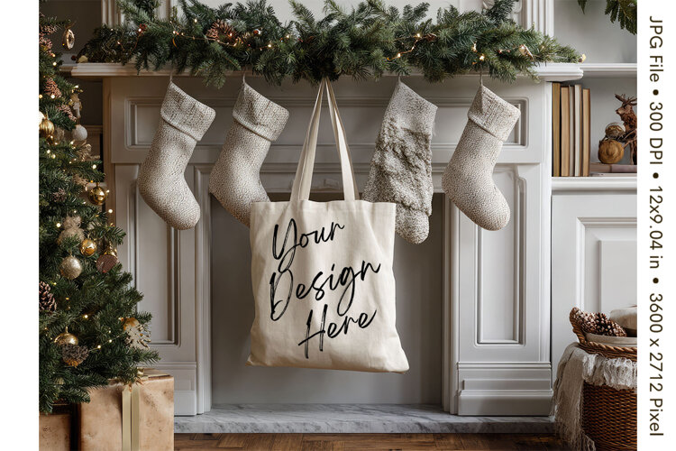 Christmas Tote Bag Mockup Shopping Bag Natural Blank_22 example image 1