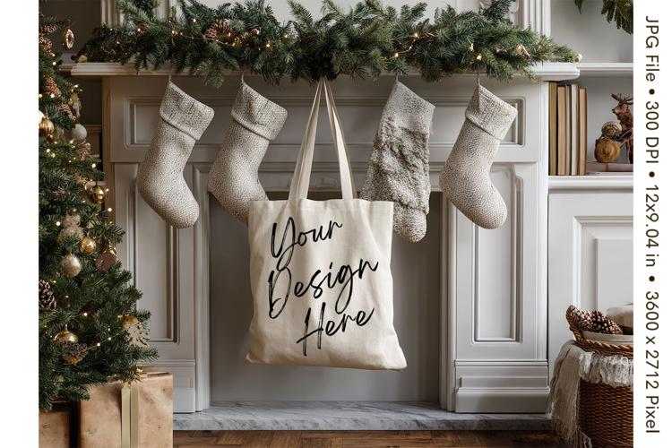 Christmas Tote Bag Mockup Shopping Bag Natural Blank_22