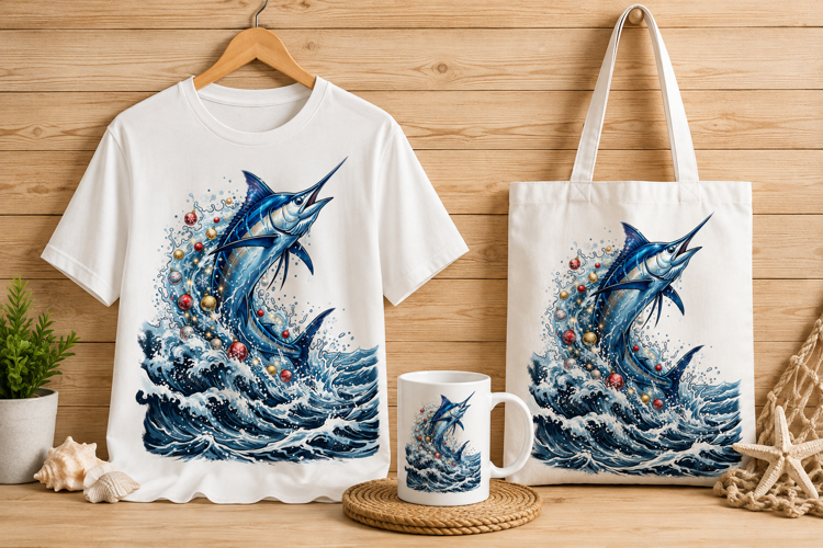 Holiday Marlin Ocean Scene Christmas Art