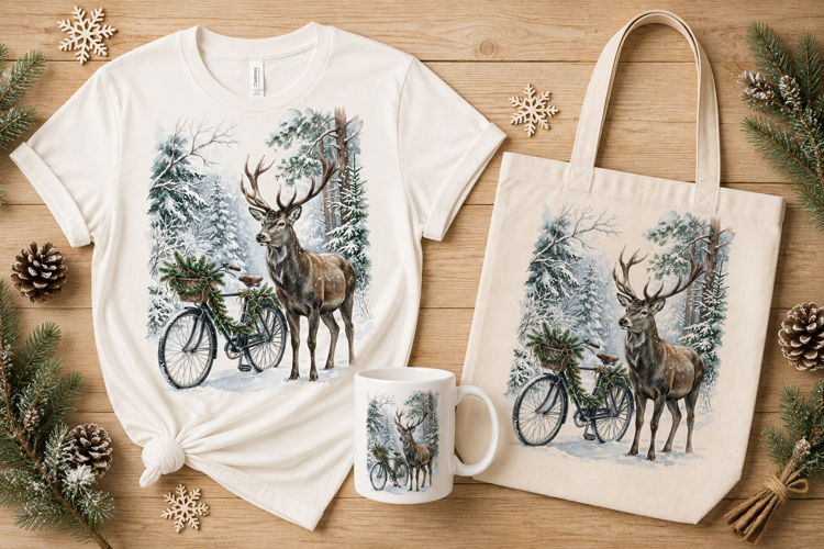 Majestic Stag Winter Forest Bicycle Christmas Art