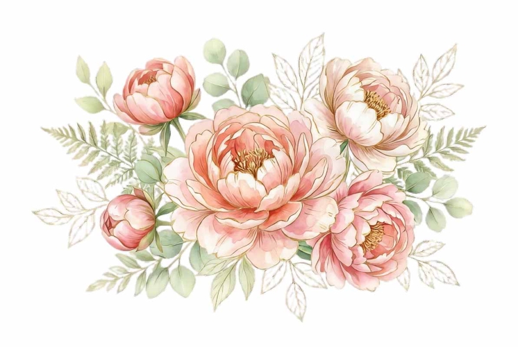 Watercolor soft peony bouquet with green leaves