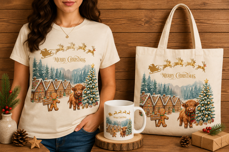 Gingerbread Village Highland Cow Merry Christmas Print