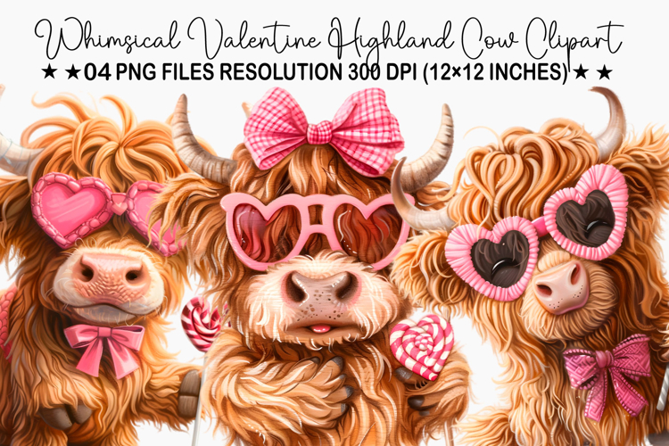Whimsical Valentine Highland Cow Clipart