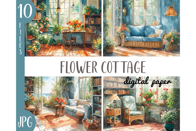 Watercolor flower cottages clipart -floral country house JPG