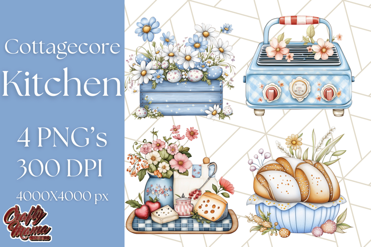 Blue Cottagecore Kitchen Clipart, Vintage Country Floral Png