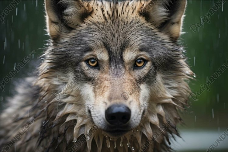 Intense gaze of a wolf in the rain example image 1