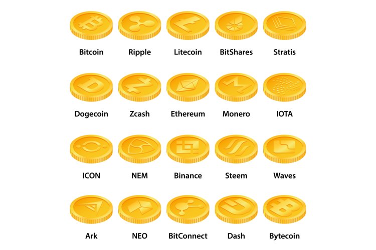 Cryptocurrency types icons set, isometric style